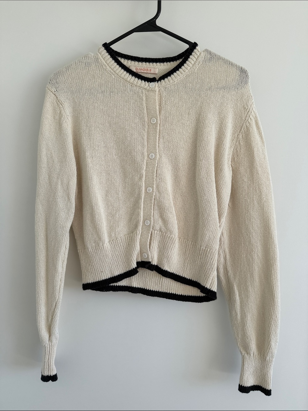 Olivaceous Cream Cropped Button-Front Cardigan with Black Trim